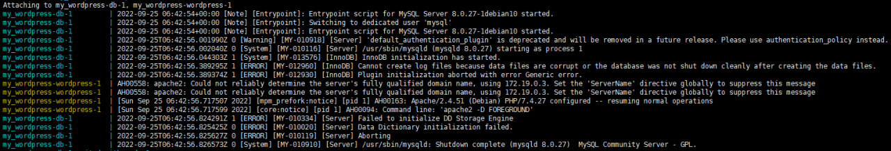 用Docker Compose搭建WordPress时出现Failed to initialize DD Storage Engine、Dictionary initialization failed-MyLoo科技网